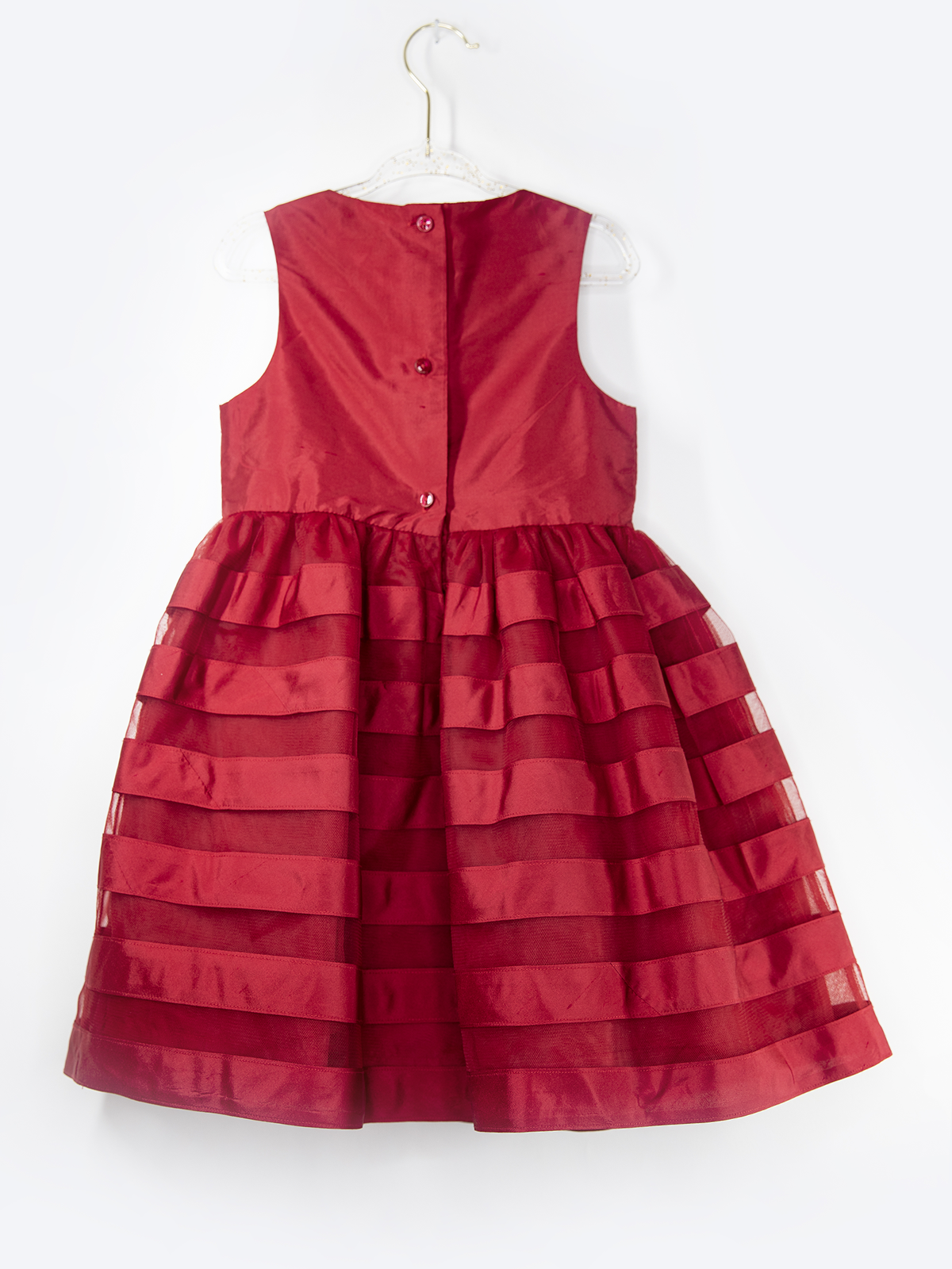 Vestido elegante de satén rojo para niña con lazo y capa de tul a rayas